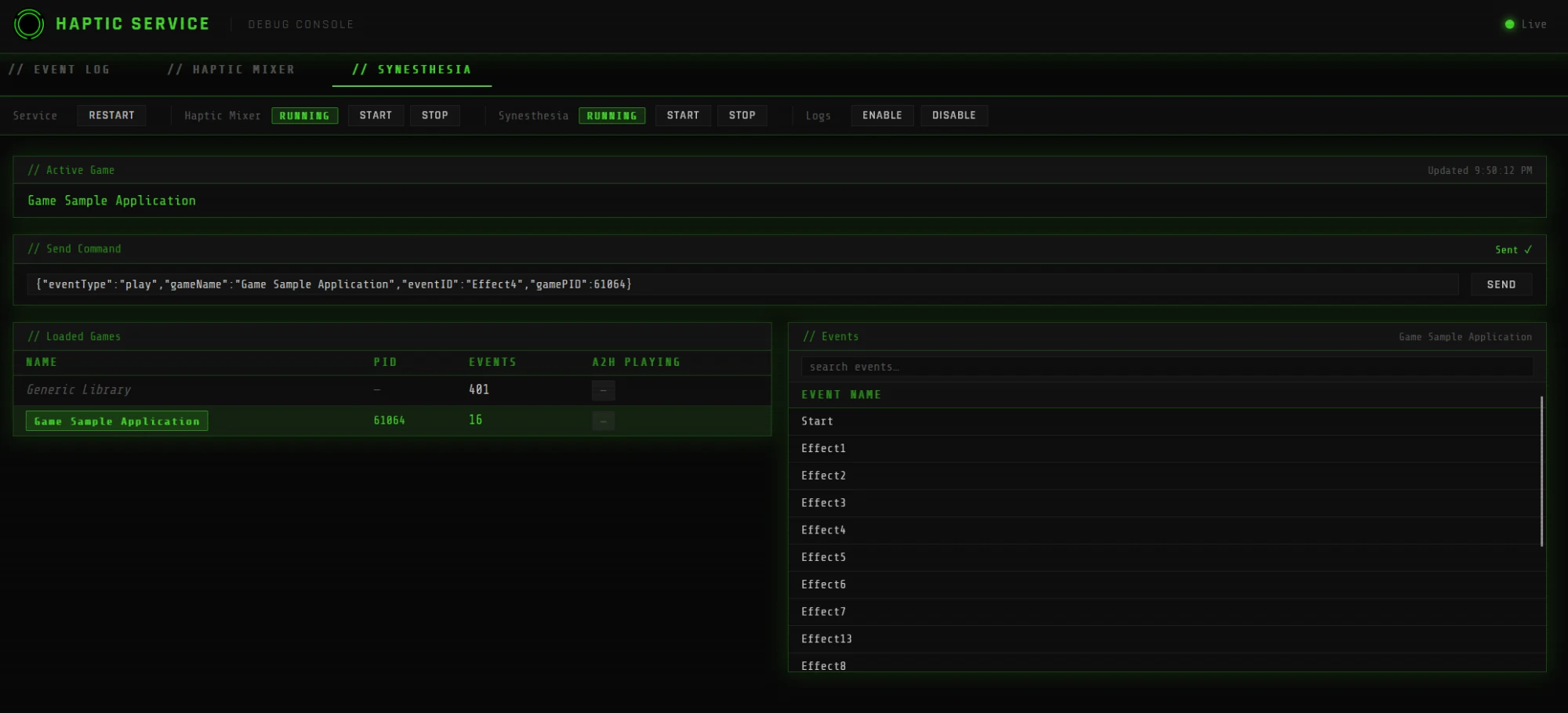 Haptic Service Dashboard - Synesthesia tab with the Game Sample Application active