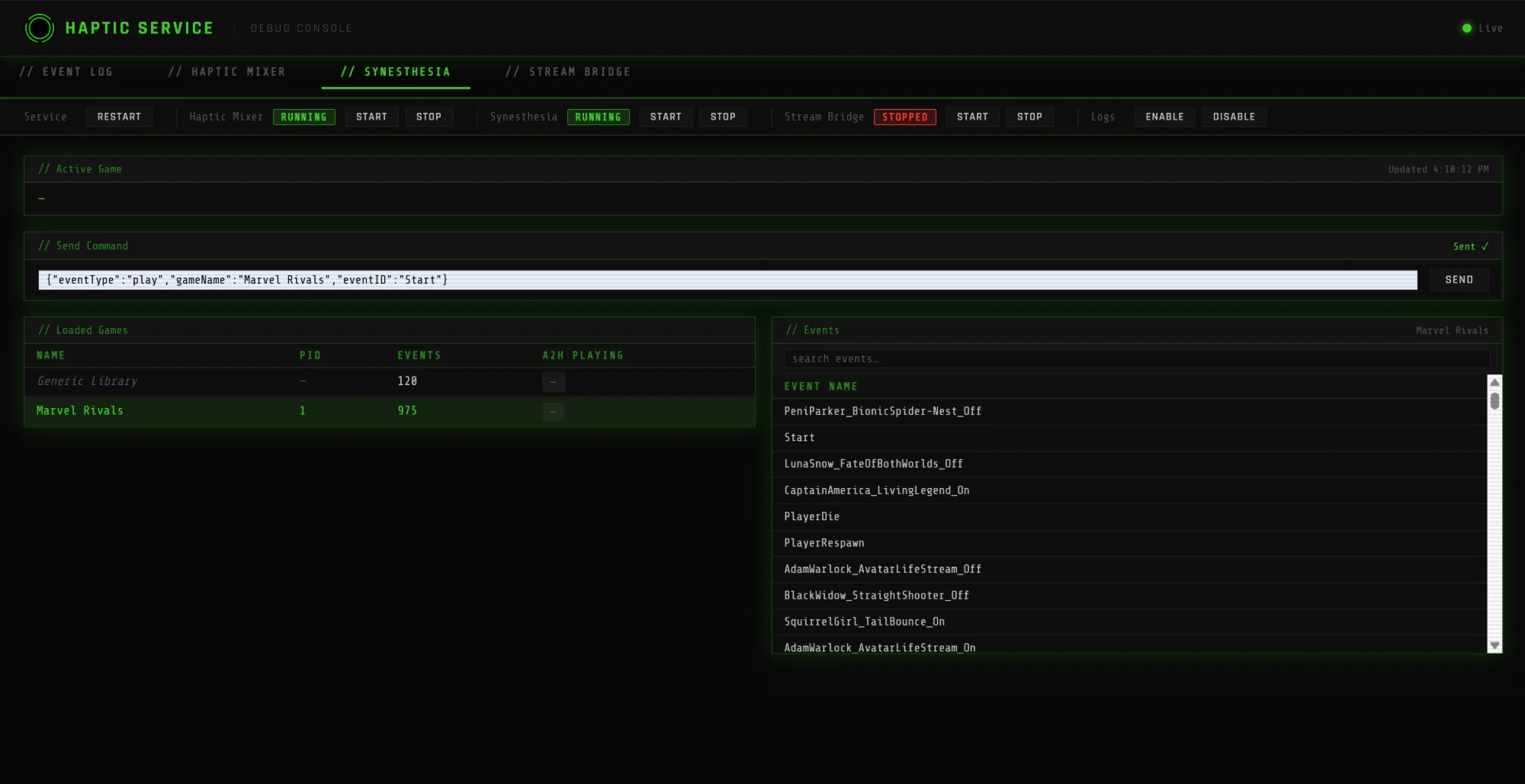 Haptic Service Dashboard - sending a Marvel Rivals event with Send Command