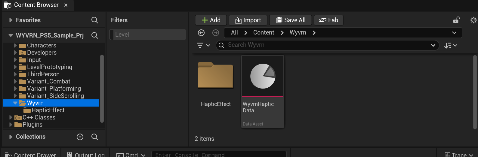 WYVRN haptic assets in the Content Browser after import