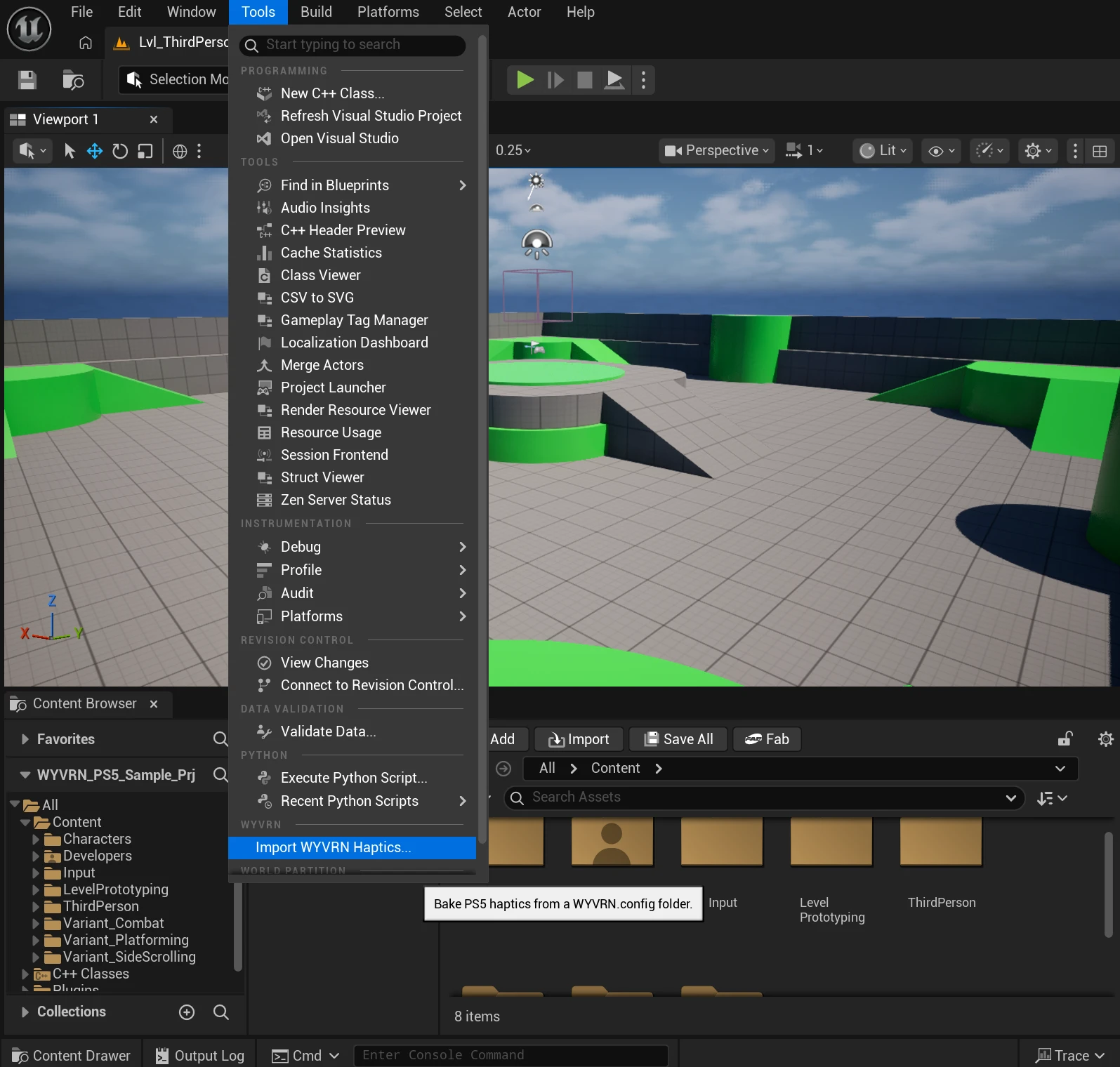Import WYVRN Haptics in the Unreal Editor Tools menu