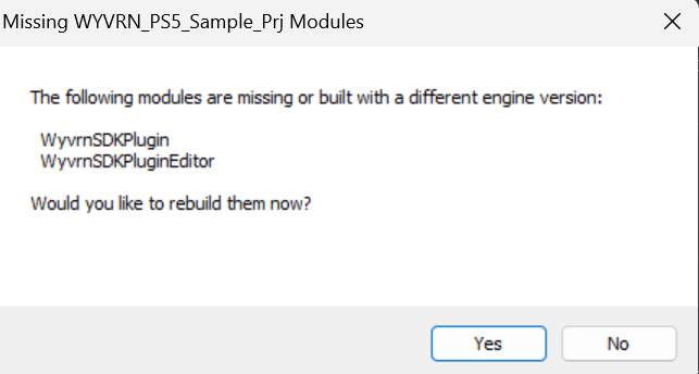 Unreal prompt to rebuild the WyvrnSDKPlugin modules