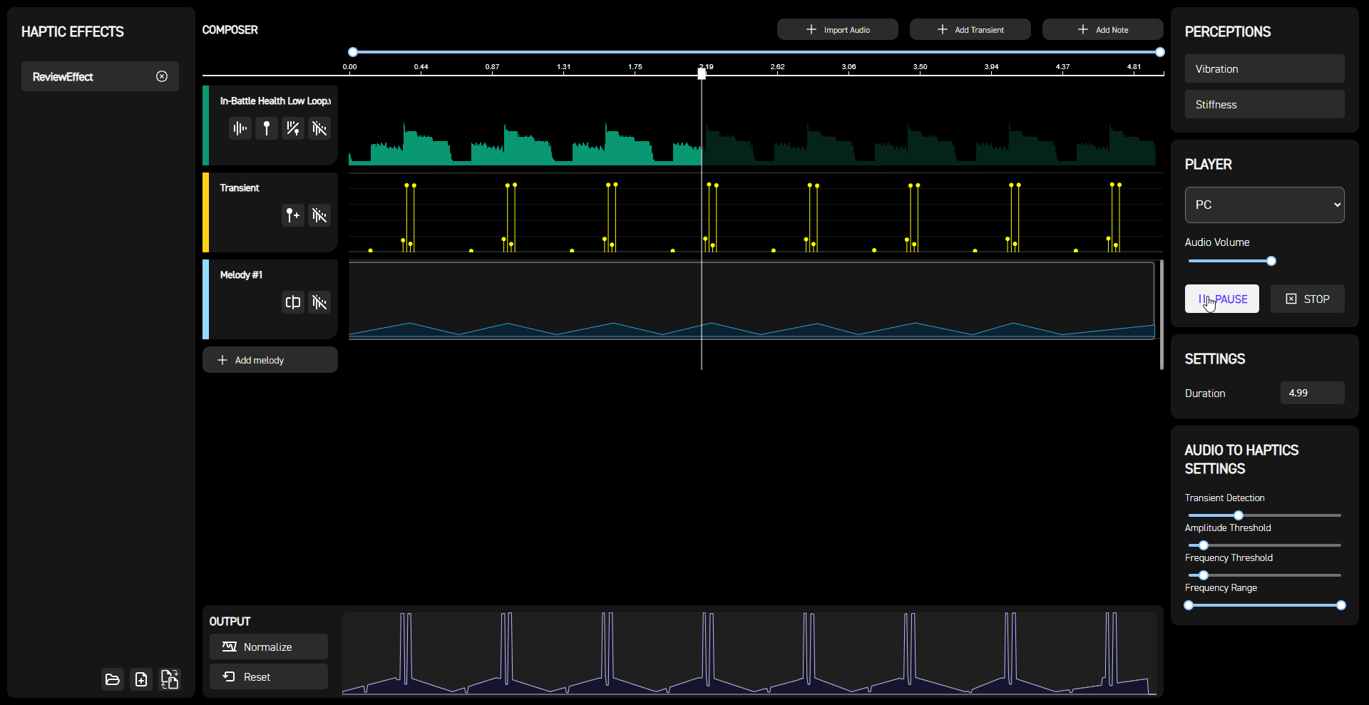 Haptic Composer Player Settings for the Razer Sensa HD Haptics Devices