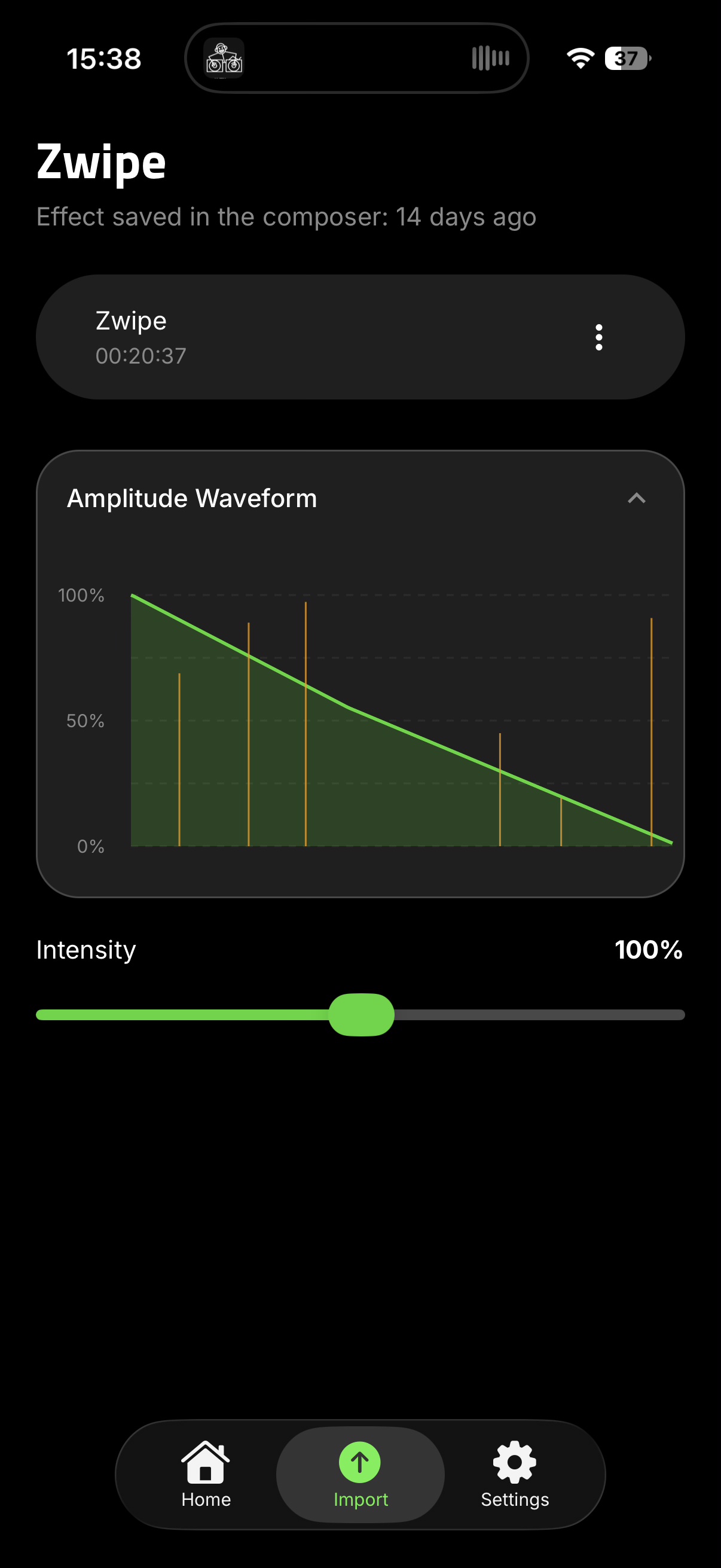 Effect detail with amplitude waveform and intensity slider