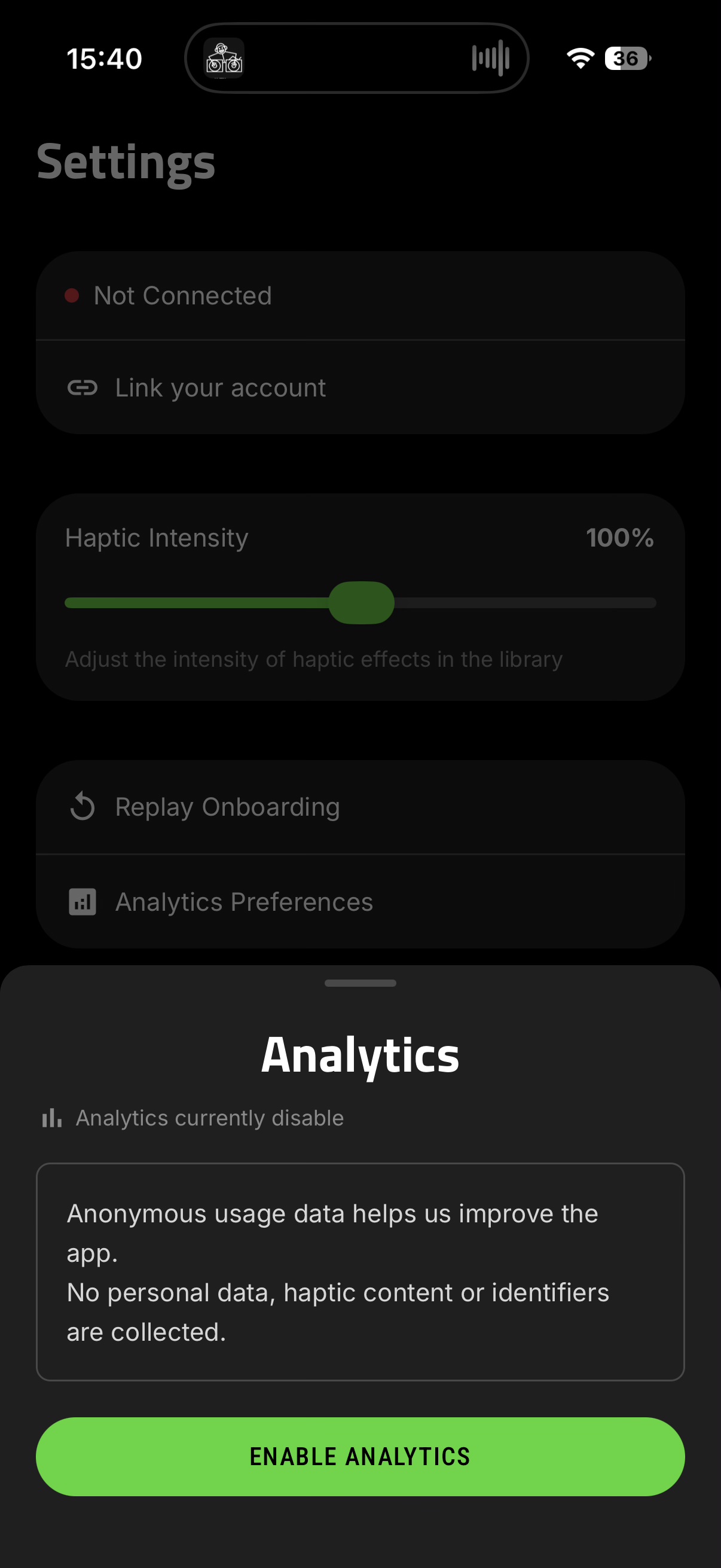 Settings screen