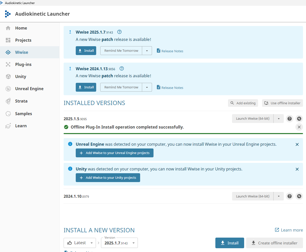 Audiokinetic Launcher with installed Wwise versions