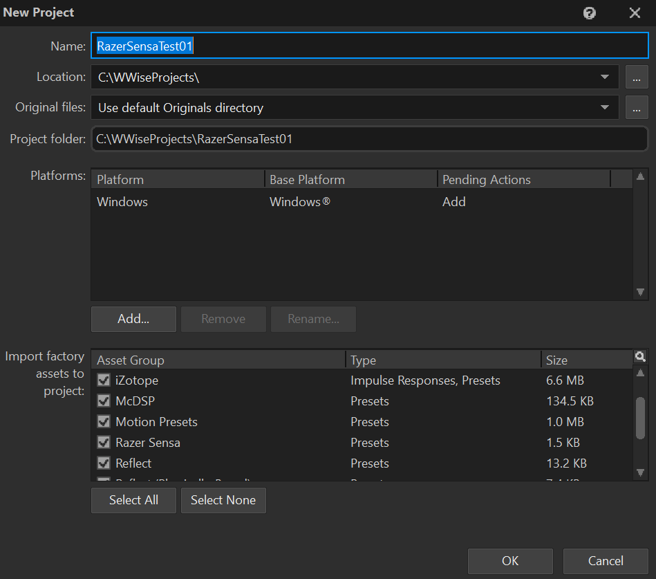 New Project dialog with Razer Sensa factory assets enabled