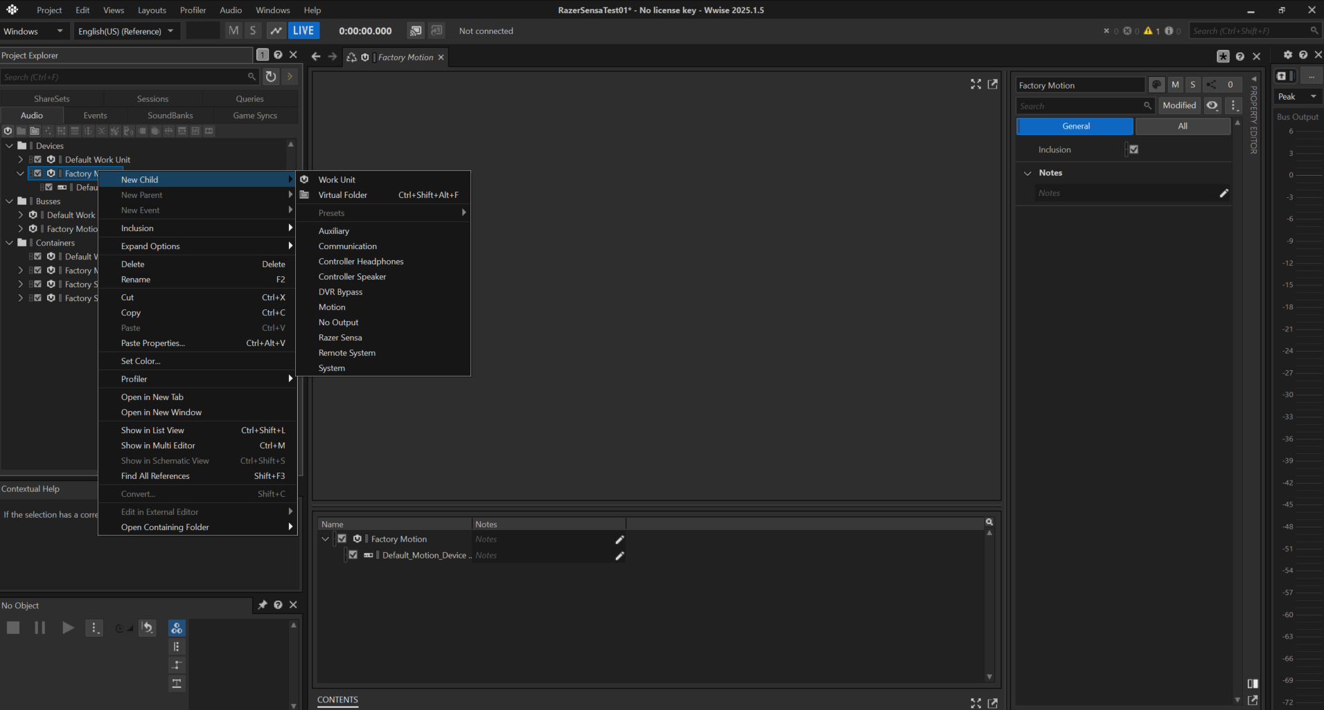 Factory Motion context menu — New Child — Razer Sensa
