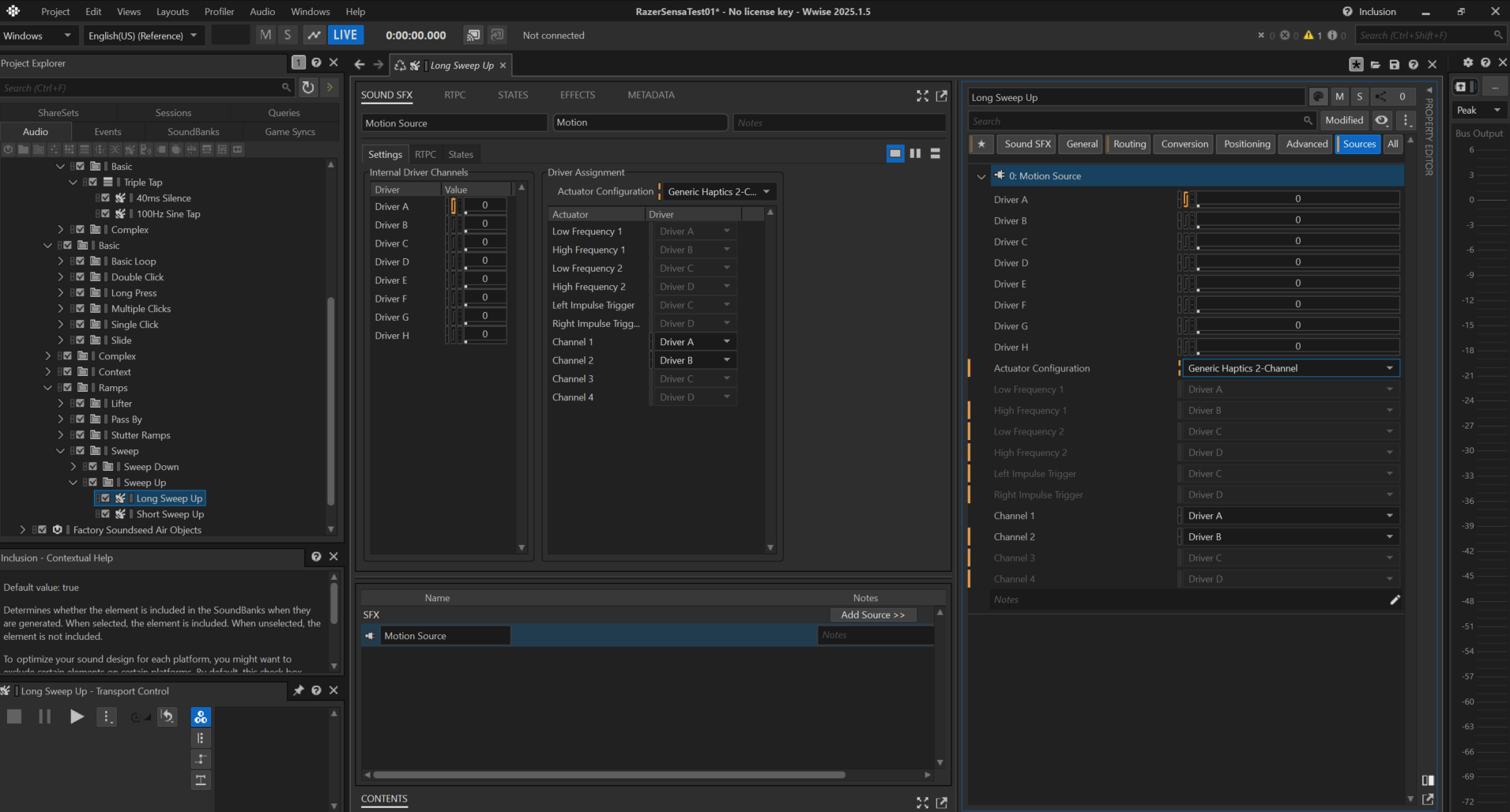 Sources tab with Generic Haptics 2-Channel actuator configuration