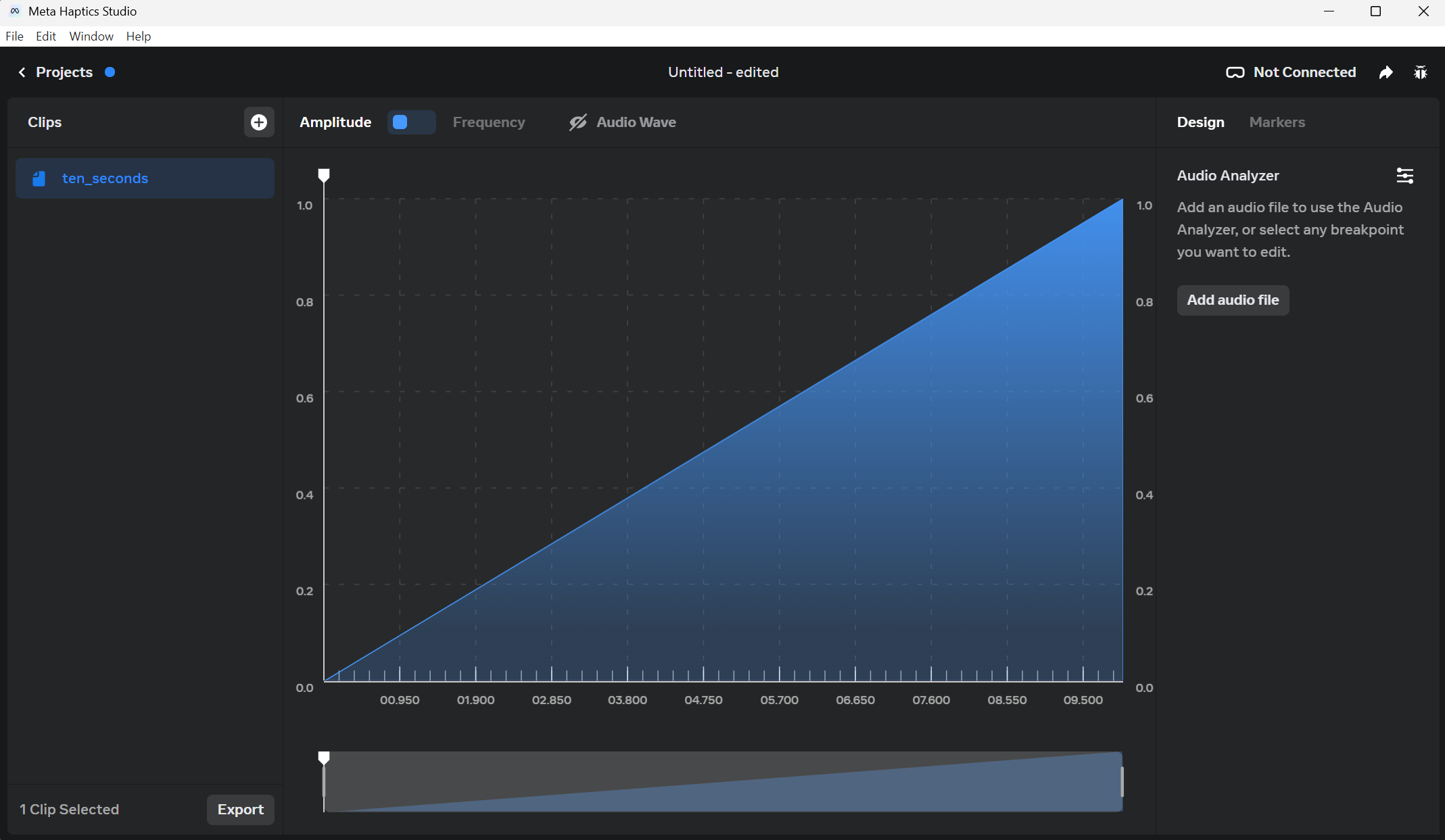 Meta Haptics Studio authoring a .haptic clip with an amplitude curve
