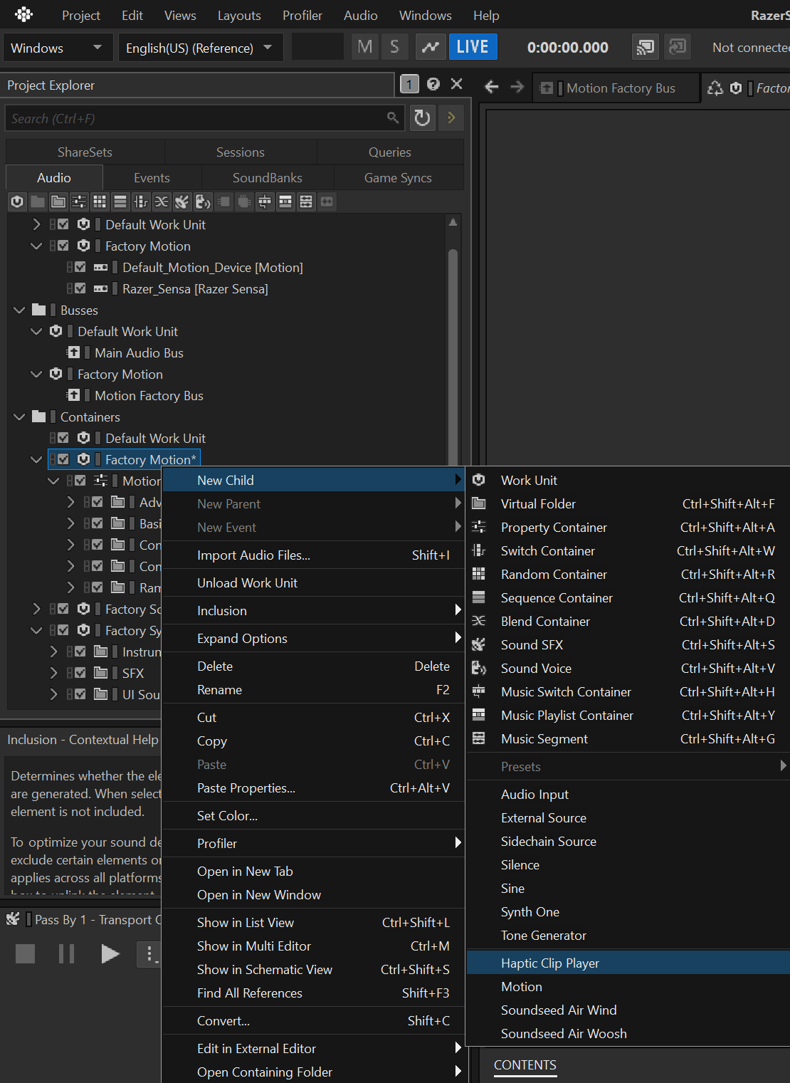 Wwise context menu — New Child — Source Plug-ins — Haptic Clip Player