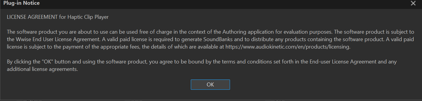 LICENSE AGREEMENT for Haptic Clip Player plugin notice